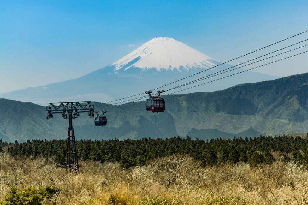 The Hakone Ropeway over a plain of grasses and Mt Fuji in the background