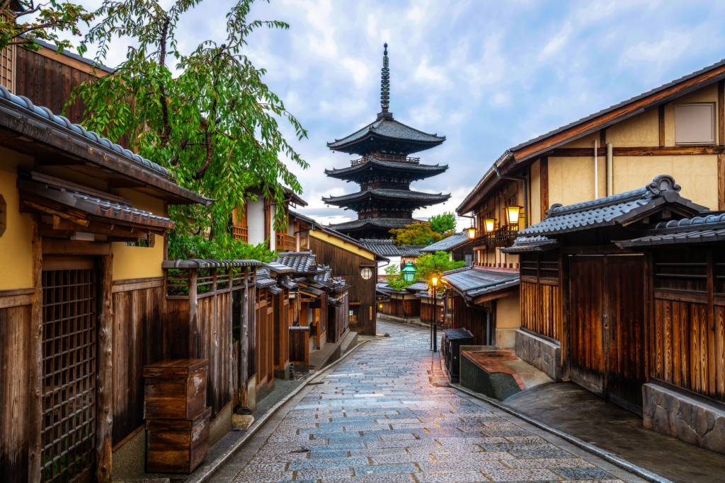 Traditional wooden buildings and a pagoda in Kyoto